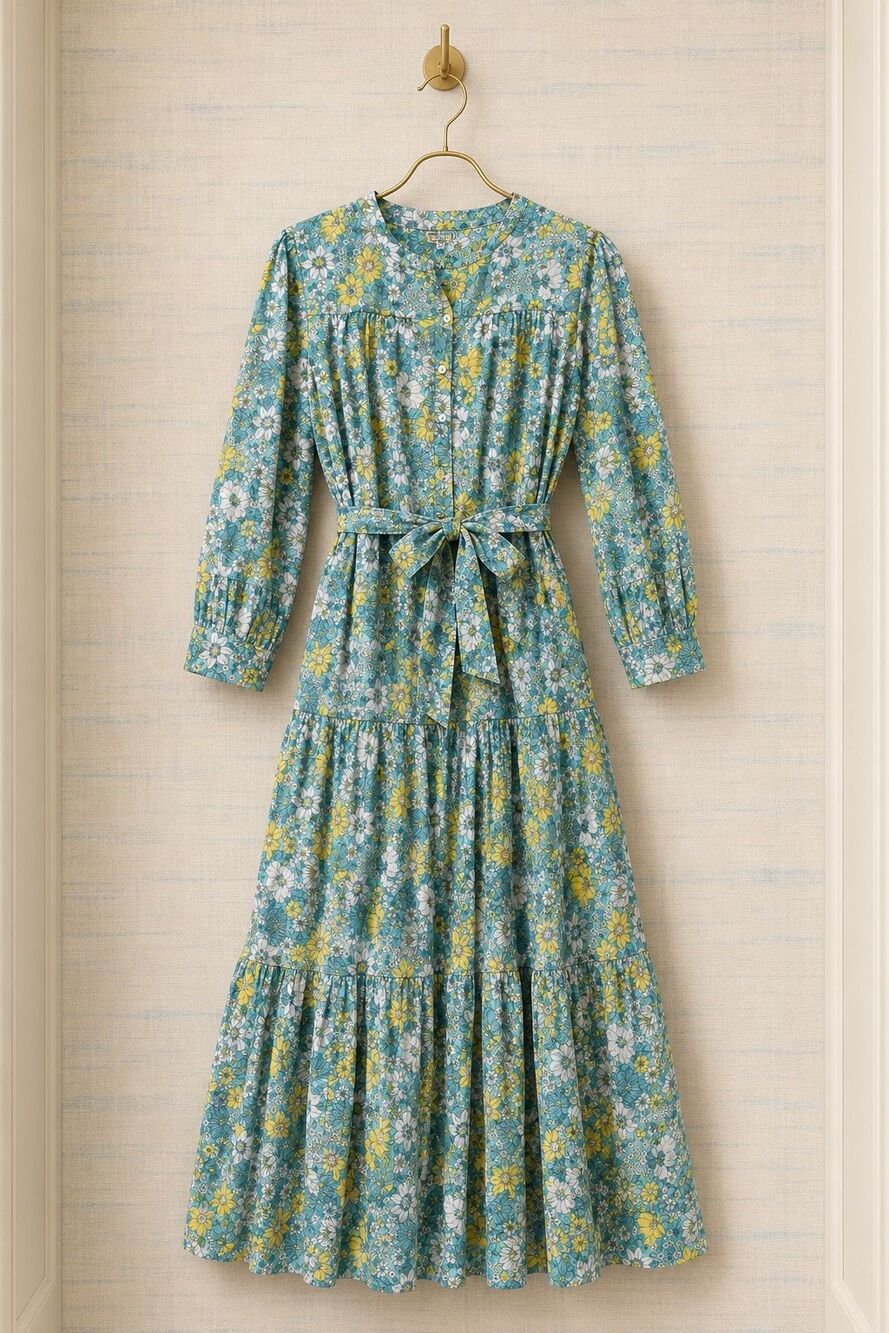 Pink City Prints Floral Belted Tiered Maxi Dress Turquoise Yellow, Xs coastal mi
